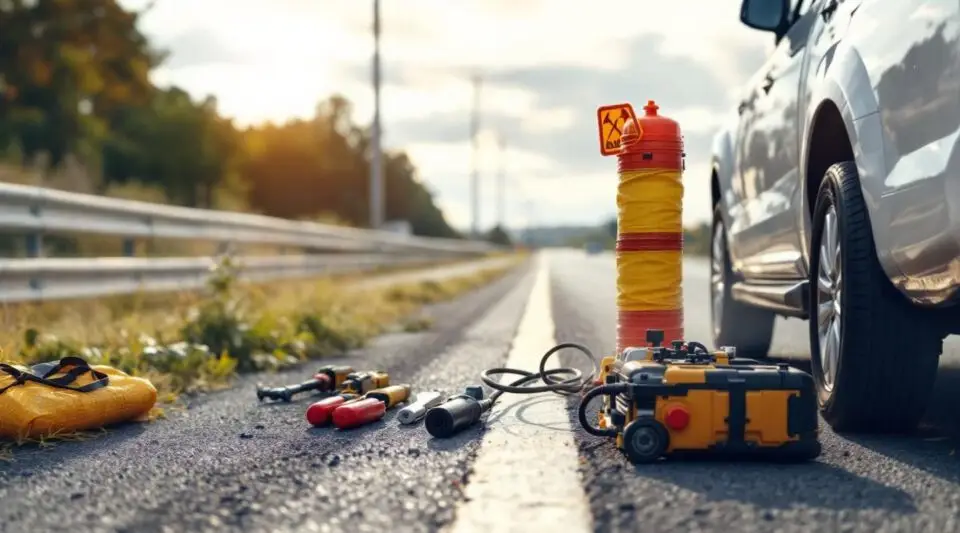 A professional Snappy Towing technician using a floor jack to change a flat tire on a busy Lynn roadside at dusk.